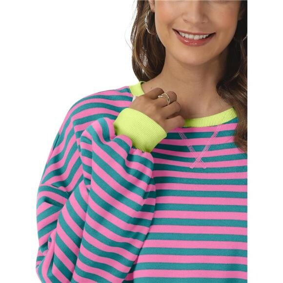 Women's‎ Striped Oversized Sweatshirt, Crewneck Long Sleeve Casual Pullover Y2K - Picture 5 of 7